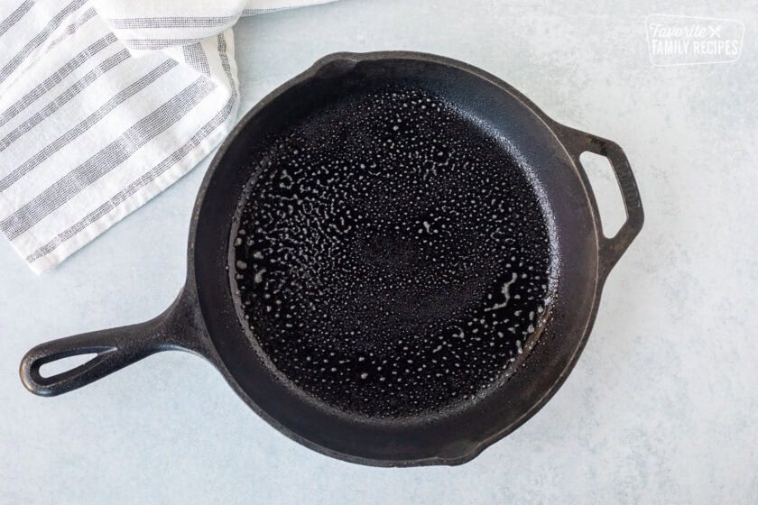 Skillet with non stick spray.