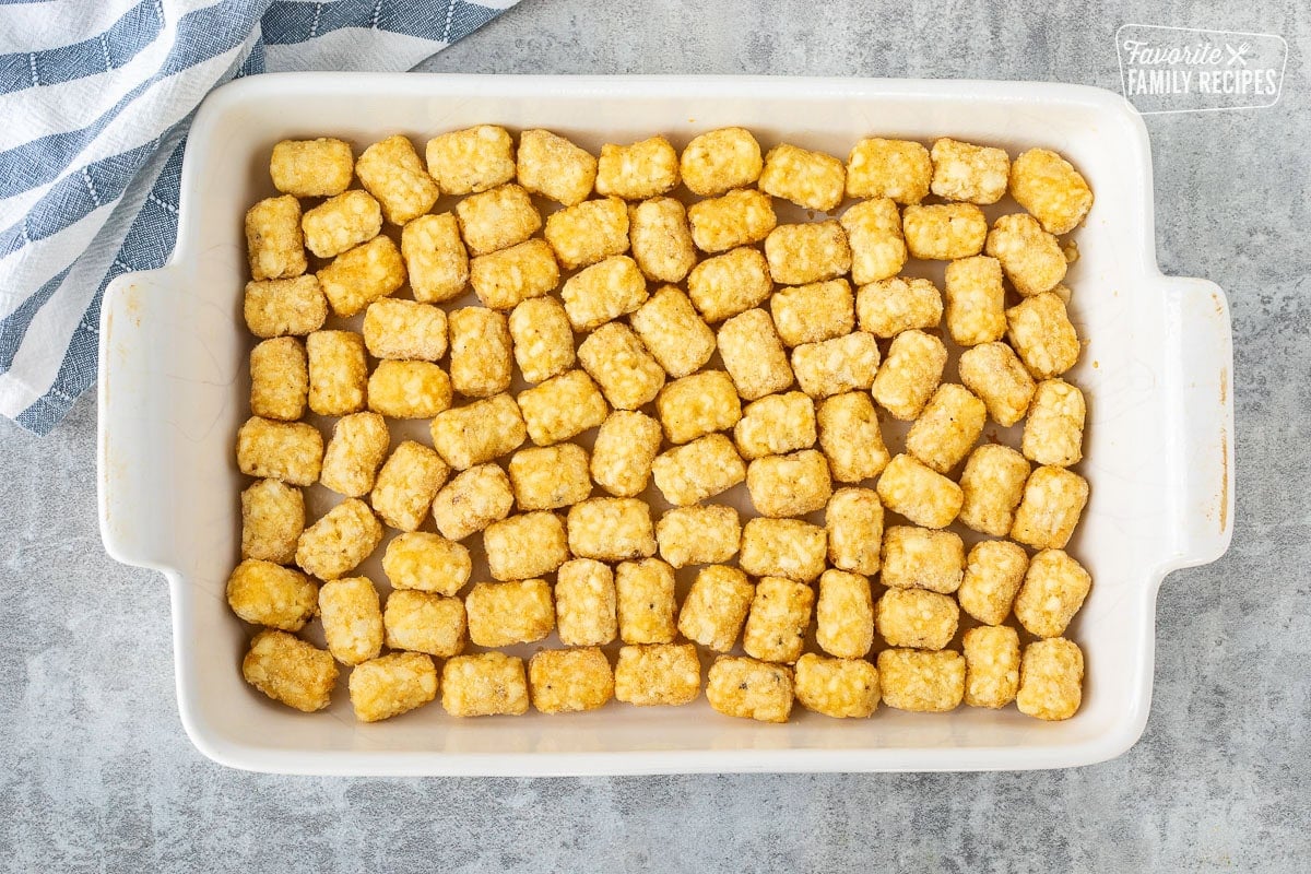 Baking dish with lined up frozen tater tots.