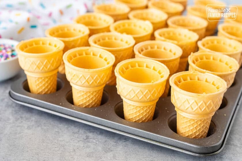 Ice Cream Cones lined up in a small muffin tin.