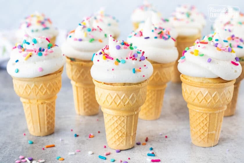 Frosted Ice Cream Cone Cupcakes with sprinkles.