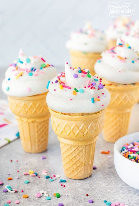 Frosted and sprinkled Ice Cream Cone Cupcakes.