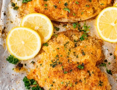 Parmesan crusted tilapia garnished with lemons and fresh parsley on a baking sheet.