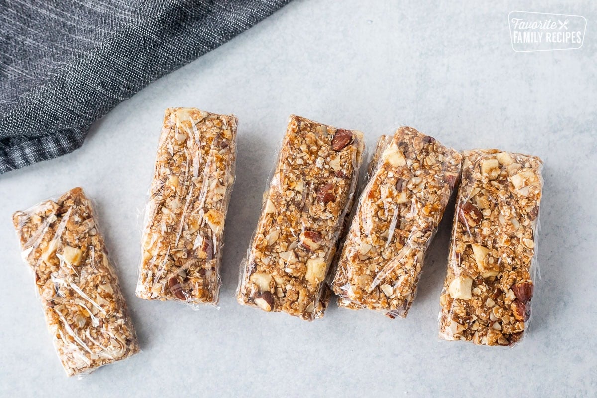Wrapped Peanut Butter Granola Bars in plastic wrap.