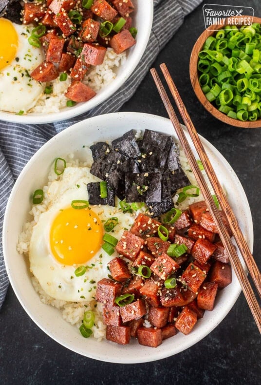 Spam Musubi Bowls with spam, egg, green onion, nori and rice.