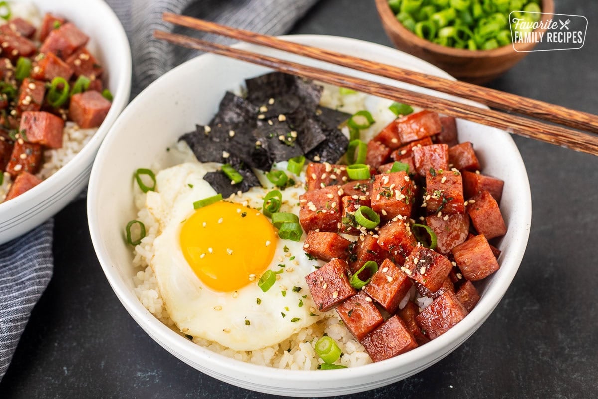 Spam Musubi Bowls with spam, egg, green onion, nori and rice.