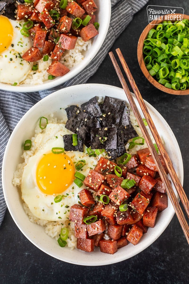 Spam Musubi Bowls with spam, egg, green onion, nori and rice.