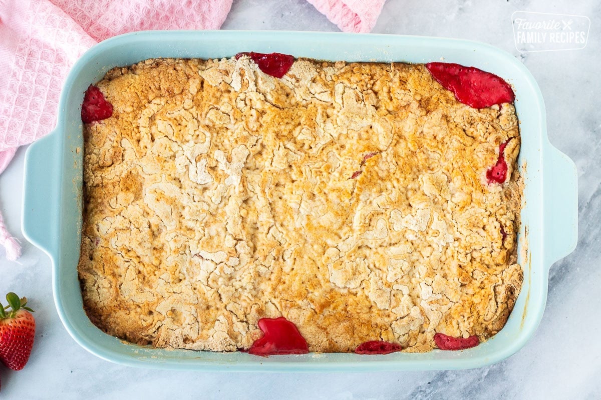 Strawberry Cheesecake Dump Cake in a baking dish.