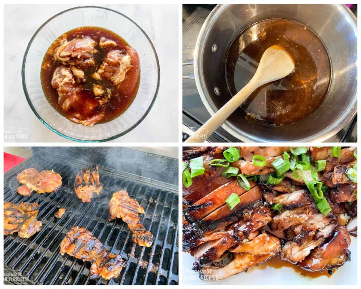 Step photos showing how to make grilled teriyaki chicken: marinating the chicken, making the teriyaki sauce, grilling the chicken, slicing the chicken.