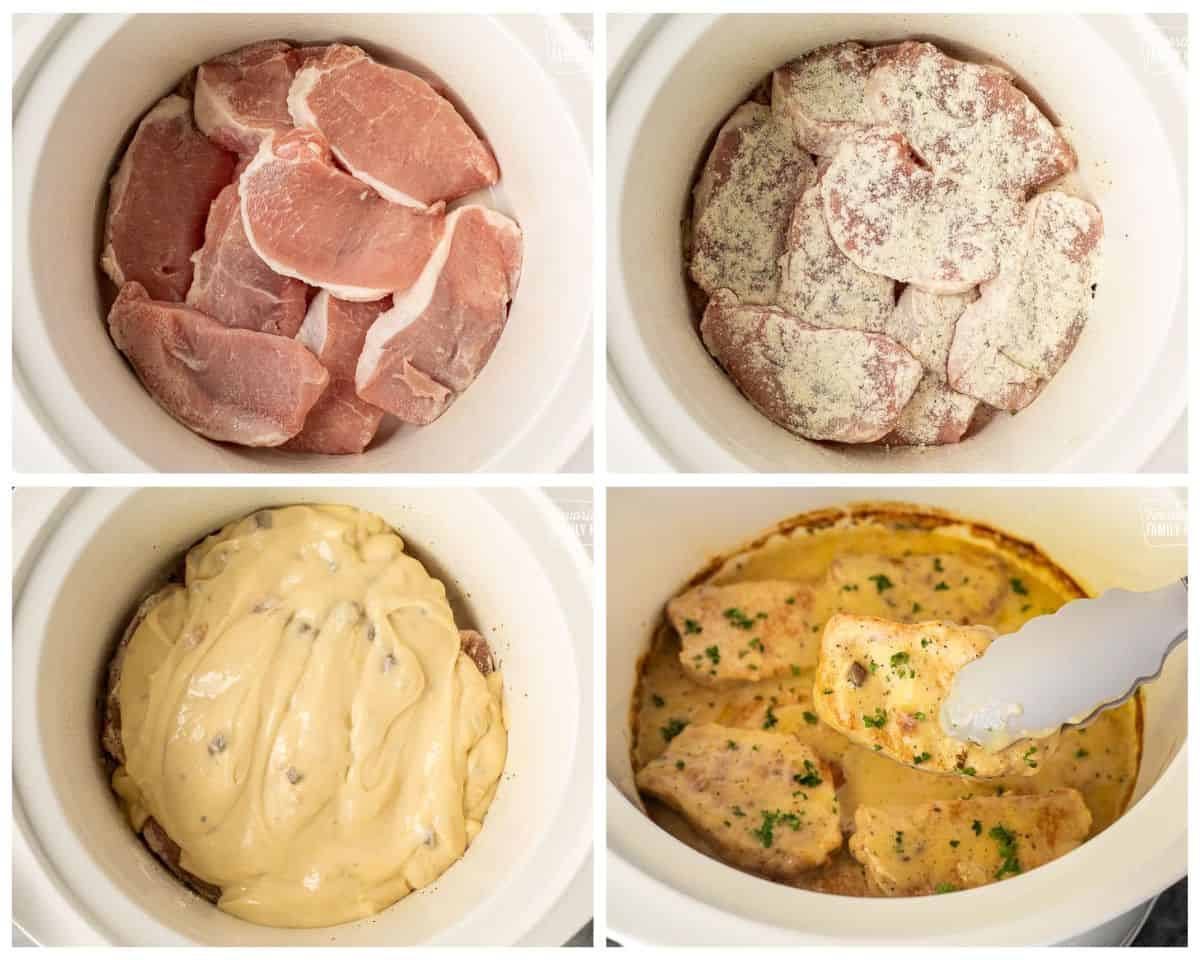 Step photos showing how to make crock pot pork chops: placing the boneless pork chops in the crock pot, sprinkling on the seasonings, adding the condensed soups, and slow cooking the pork chops.