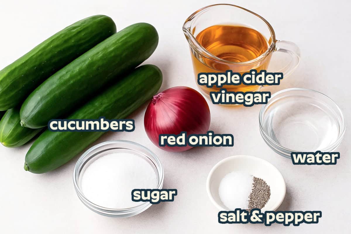 Ingredients to make Cucumber Vinegar Salad including cucumbers, salt and pepper, apple cider vinegar, sugar, red onion, and water.