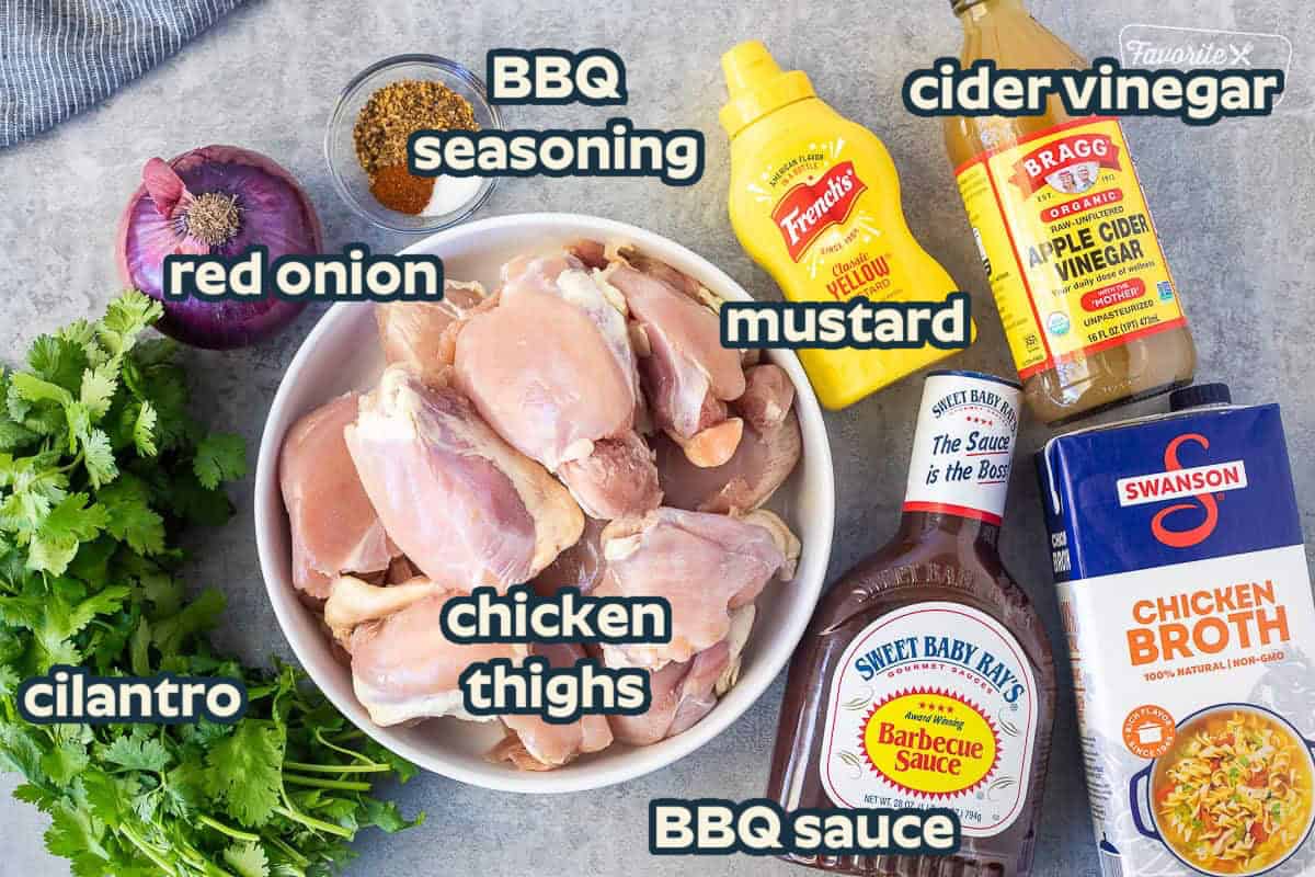 Ingredients to make instant pot BBQ Chicken including chicken thighs, cilantro, red onion, seasonings, bbq sauce, chicken broth, mustard and apple cider vinegar.