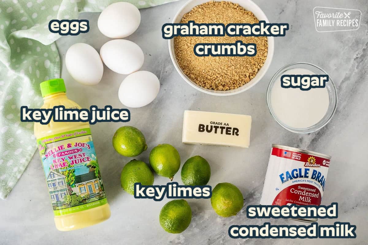 Ingredients in Key Lime Pie: Key Limes, Eggs, Sweetened Condensed Milk, Graham Cracker Crumbs, Butter and Sugar.