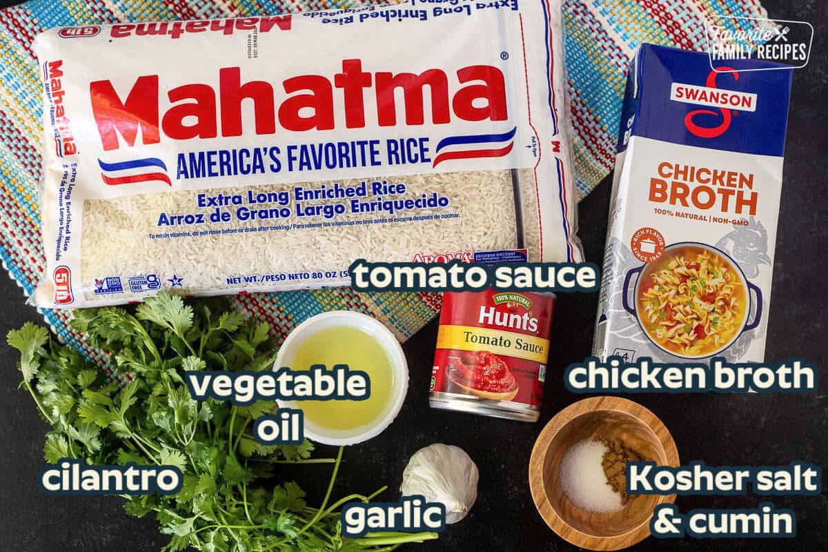 Mexican Rice ingredients: long grain rice, chicken broth, tomato sauce, seasonings, garlic, olive oil and cilantro.
