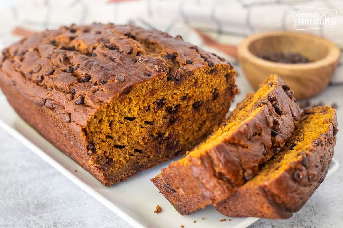 Two slices of pumpkin chocolate chip bread from the loaf.