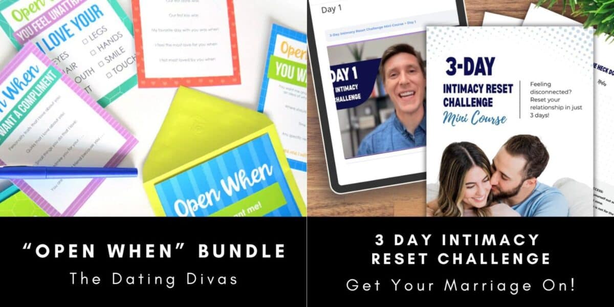 Image showing a marriage bundle including pdfs and printables to help couples strengthen their marriage. This shows samples of the documents and prinatbles included. 