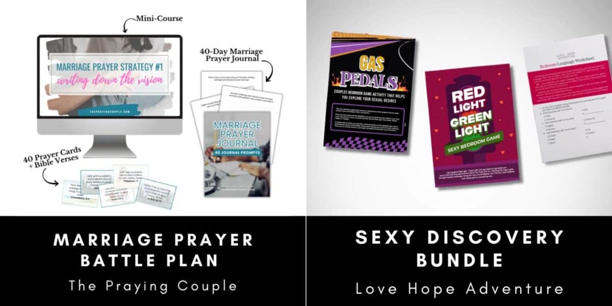Image showing a marriage bundle including pdfs and printables to help couples strengthen their marriage. This shows samples of the documents and prinatbles included. 
