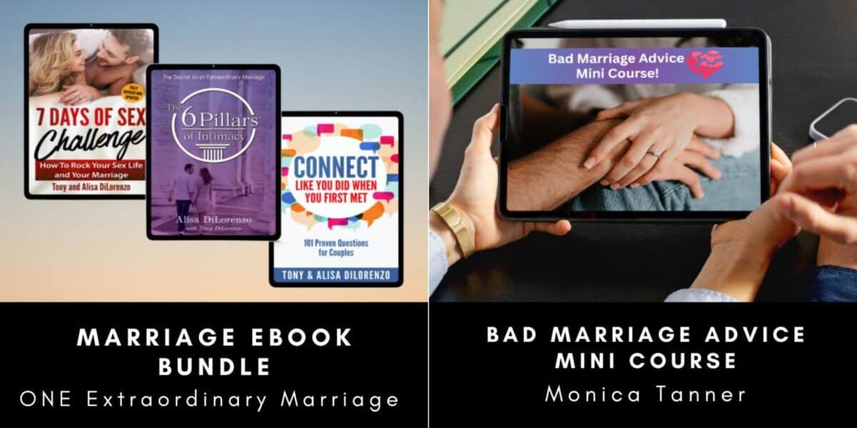 Image showing a marriage bundle including pdfs and printables to help couples strengthen their marriage. This shows samples of the documents and prinatbles included. 