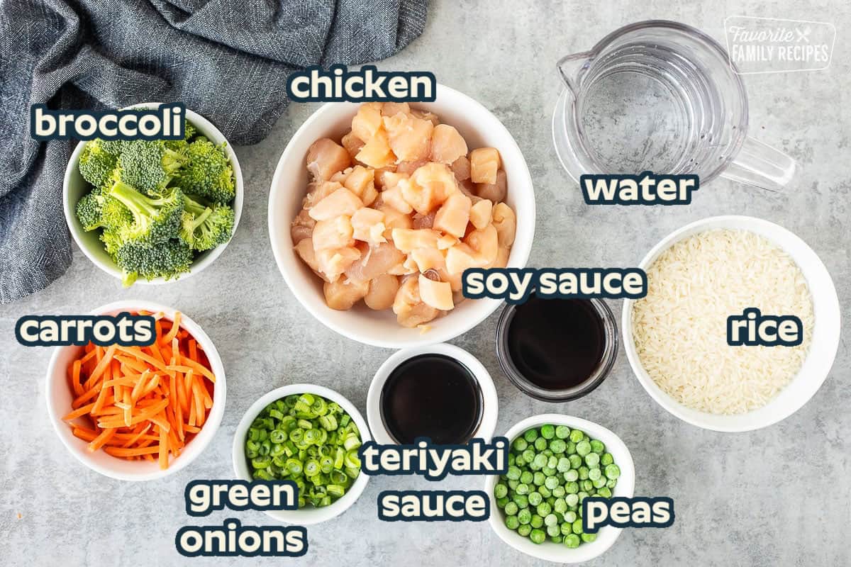 Ingredients to make One Pot Teriyaki Chicken Bowls including chicken breast, broccoli, carrots, green onions, peas, rice, teriyaki sauce, soy sauce and water.