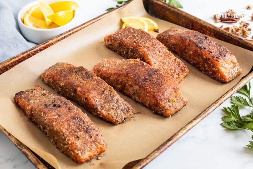 Sheet pan with five pieces of Pecan Salmon.