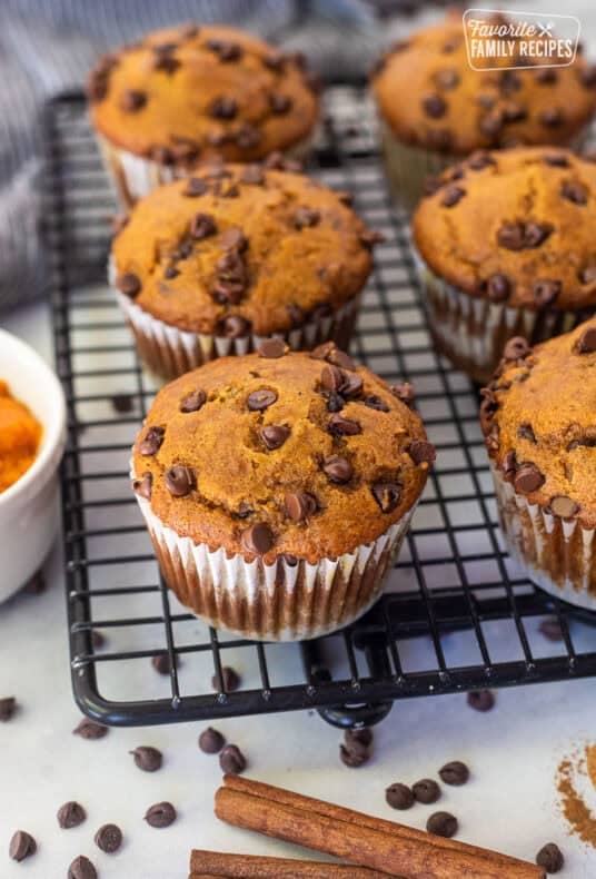 Baked pumpkin chocolate chip muffins on a cooling rack.