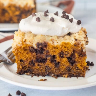 Slice of Pumpkin Coffee Cake with whipped cream and mini chocolate chips.