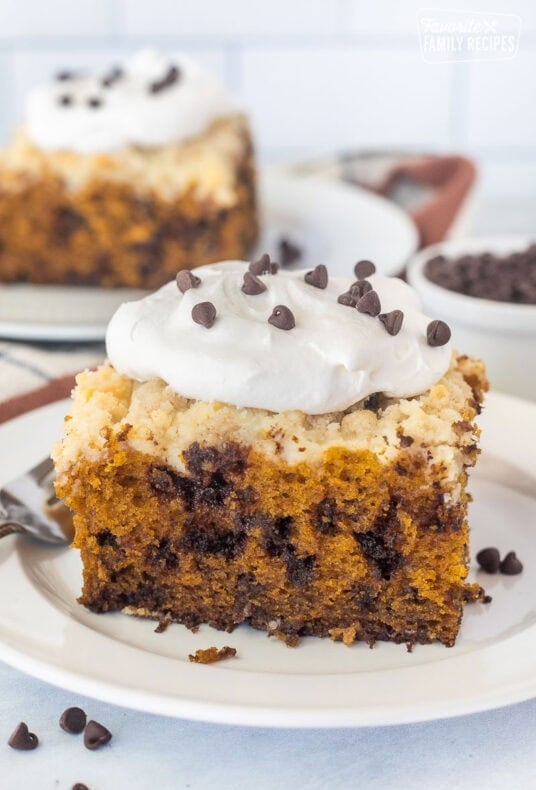 Slice of Pumpkin Coffee Cake with whipped cream and mini chocolate chips.