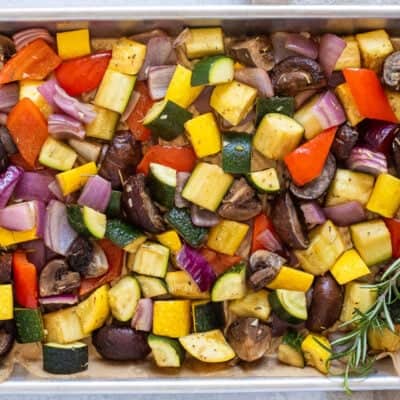 Roasted vegetables on a sheet pan.