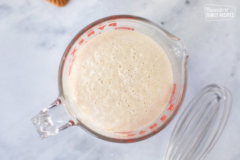 Small bowl with rising yeast next to whisk.