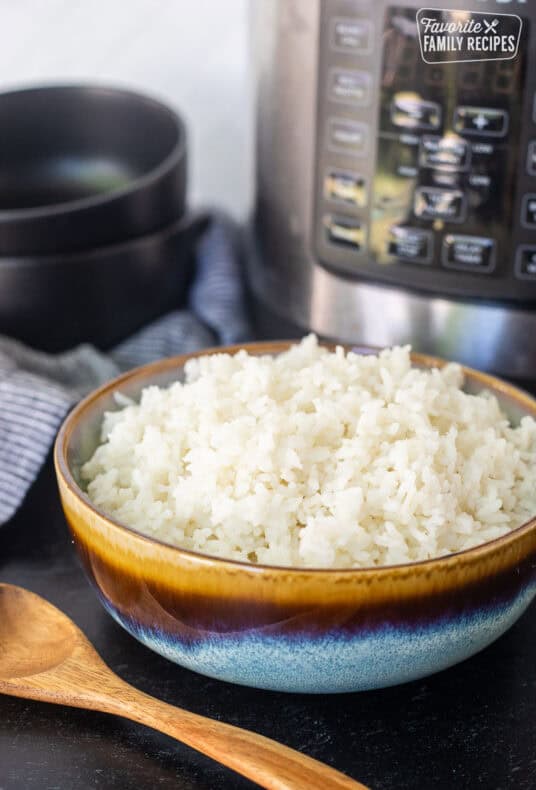 Bowl on instant pot rice next to the instant pot.