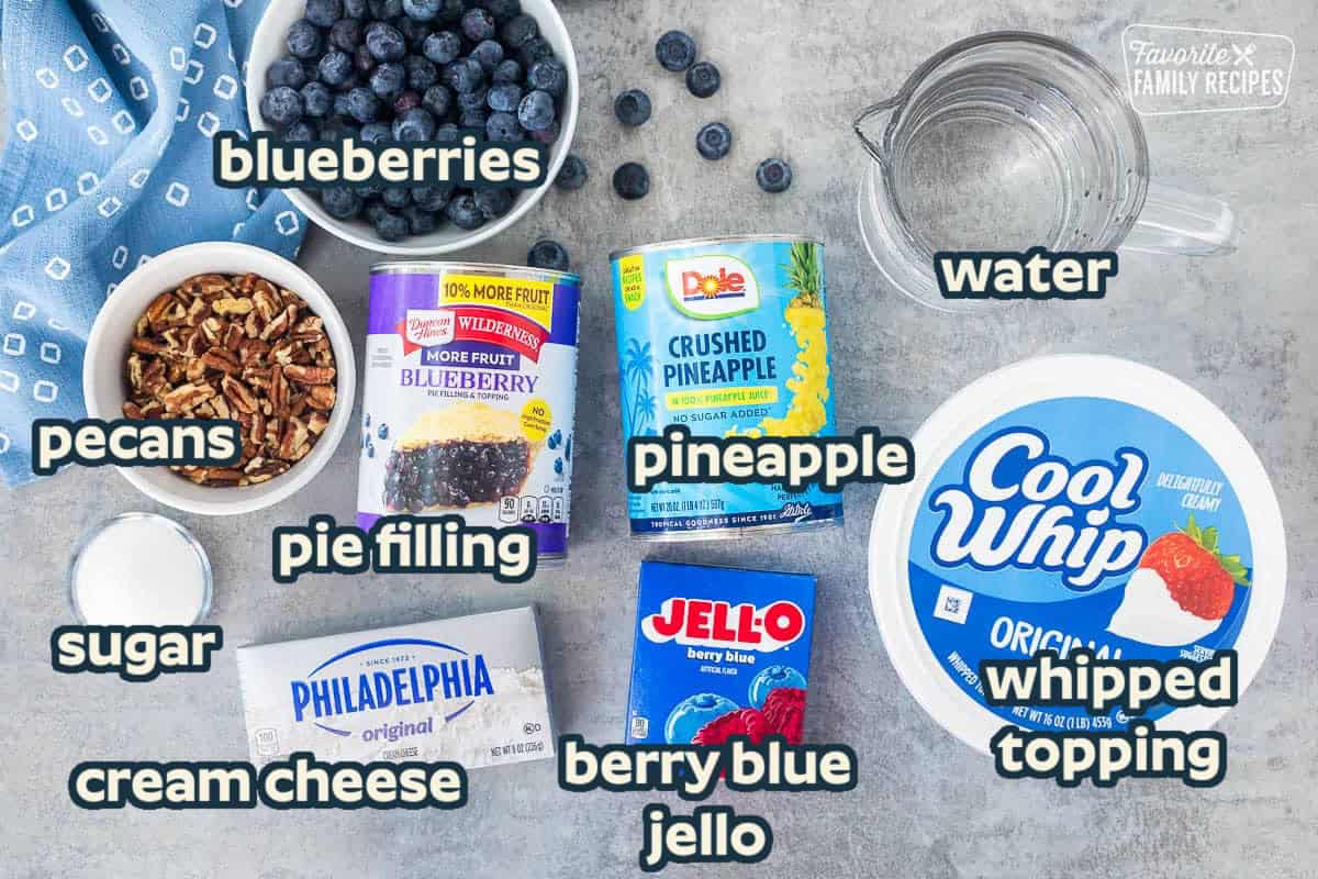 Ingredients to make Blueberry Jello Salad including blueberries, pecans, pineapple, pie filling, sugar, cream cheese, berry blue jello, and whipped topping.