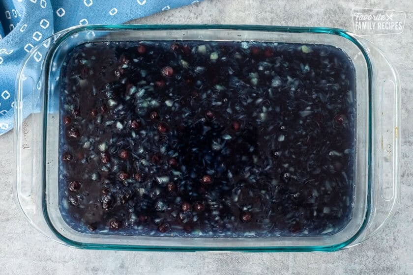 Blueberry Jello salad and a glass dish.