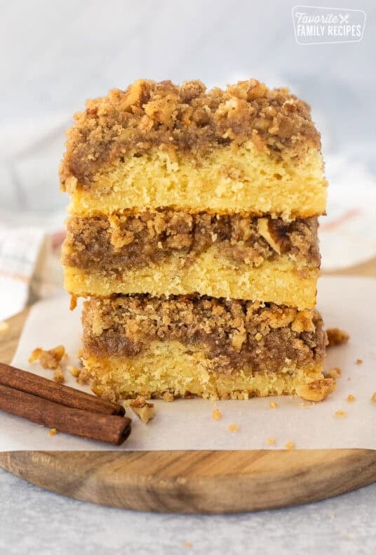 Three slices of Cake Mix Coffee Cake stacked together.