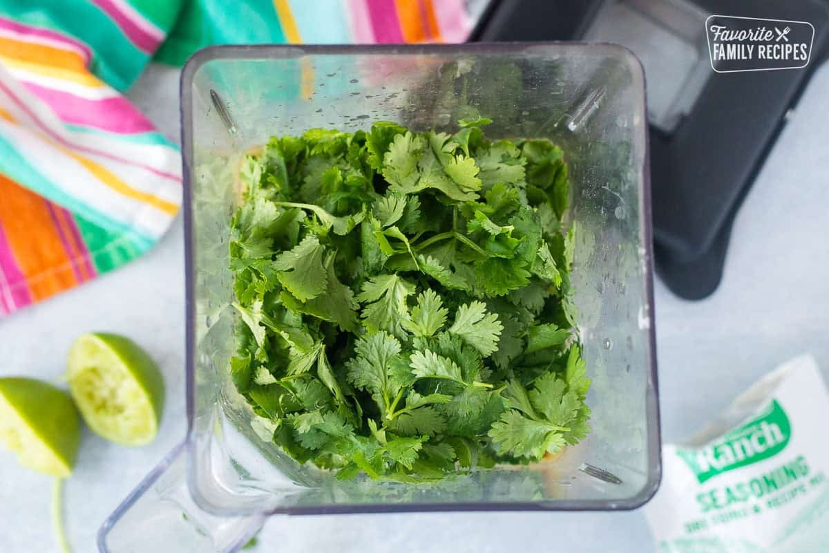 Unmixed blender with Cilantro Lime Sauce ingredients.
