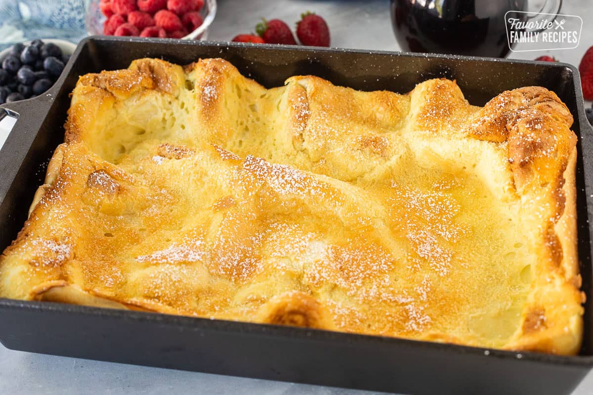 Baked German pancakes in a baking dish just out of the oven.
