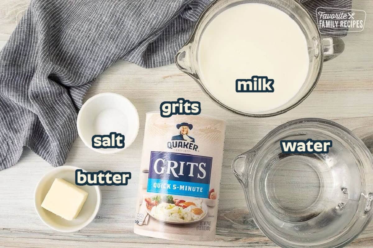 Ingredients for how to make Grits including milk, water, Grits, salt and butter.