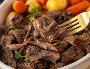 Instant pot chuck roast shredded in dish and piece on fork.