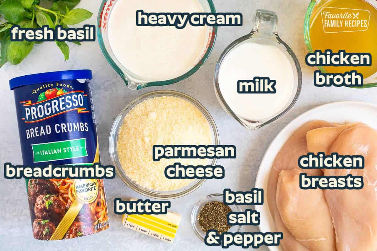 Ingredients to make Pan Fried Chicken in basil cream sauce including milk, Parmesan cheese, Italian style breadcrumbs, butter, basil, chicken breast, whipping cream, basil and chicken broth.