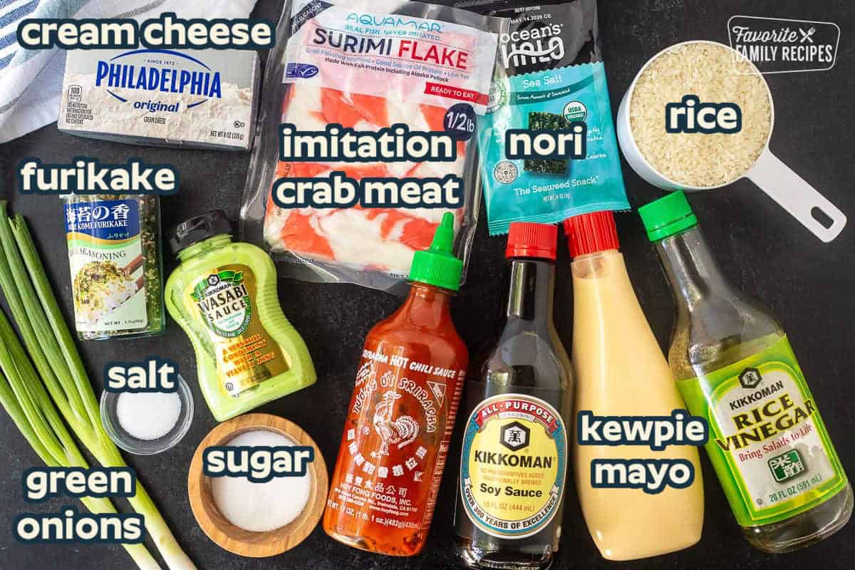 Ingredients for Sushi Bake: imitation crab, furikake, nori, kewpie mayo and seasonings.
