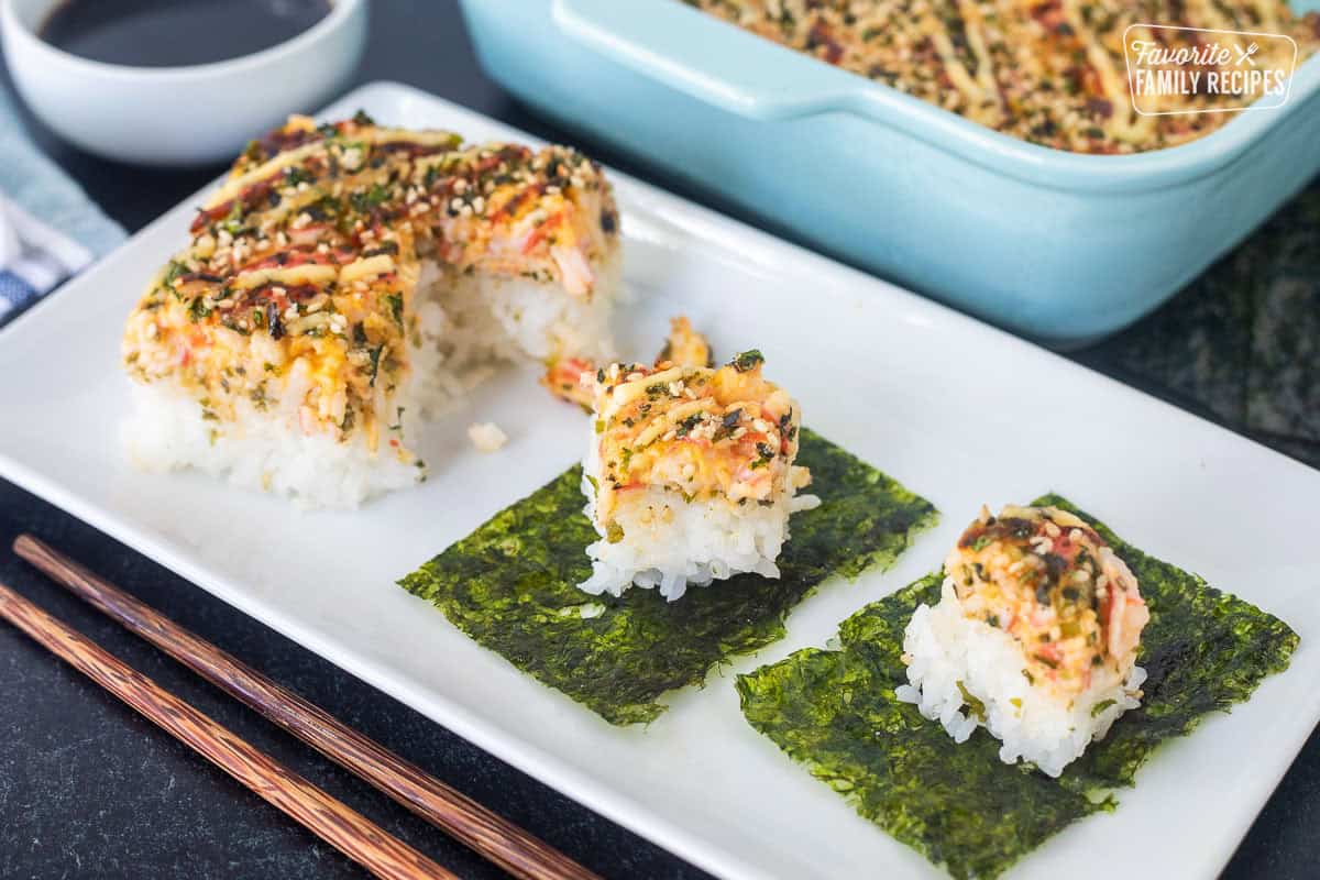 Sushi Bake on top of nori rectangles.