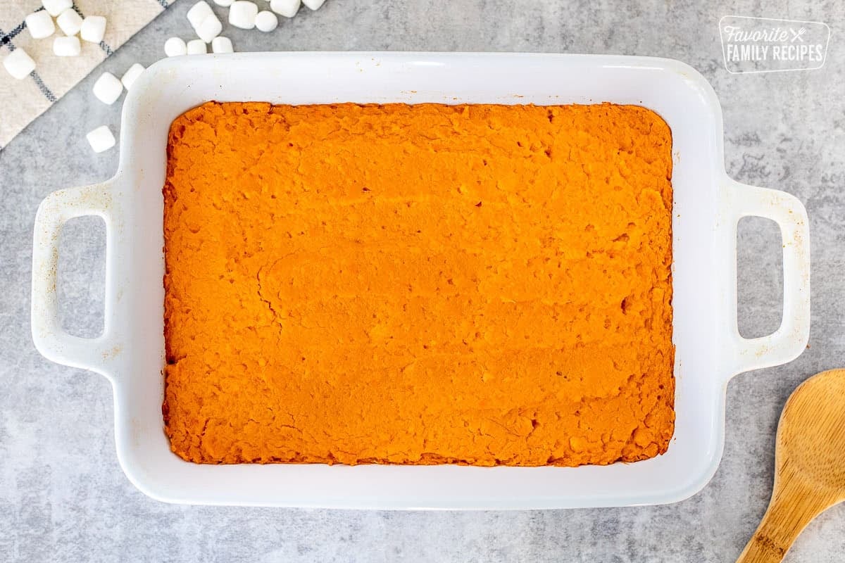 Baked sweet potatoes in a baking dish.