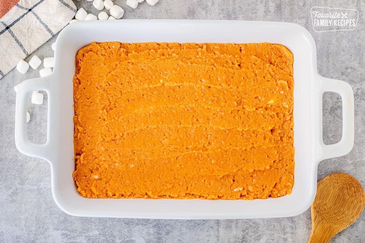 Spread sweet potato mixture in a glass baking dish.