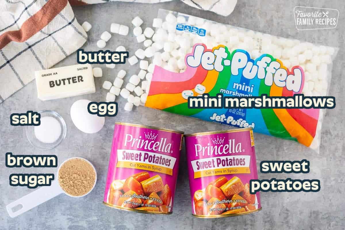 Ingredients needed to make Sweet Potatoes with Marshmallows: Canned yams, mini marshmallows, butter, egg, brown sugar, salt.
