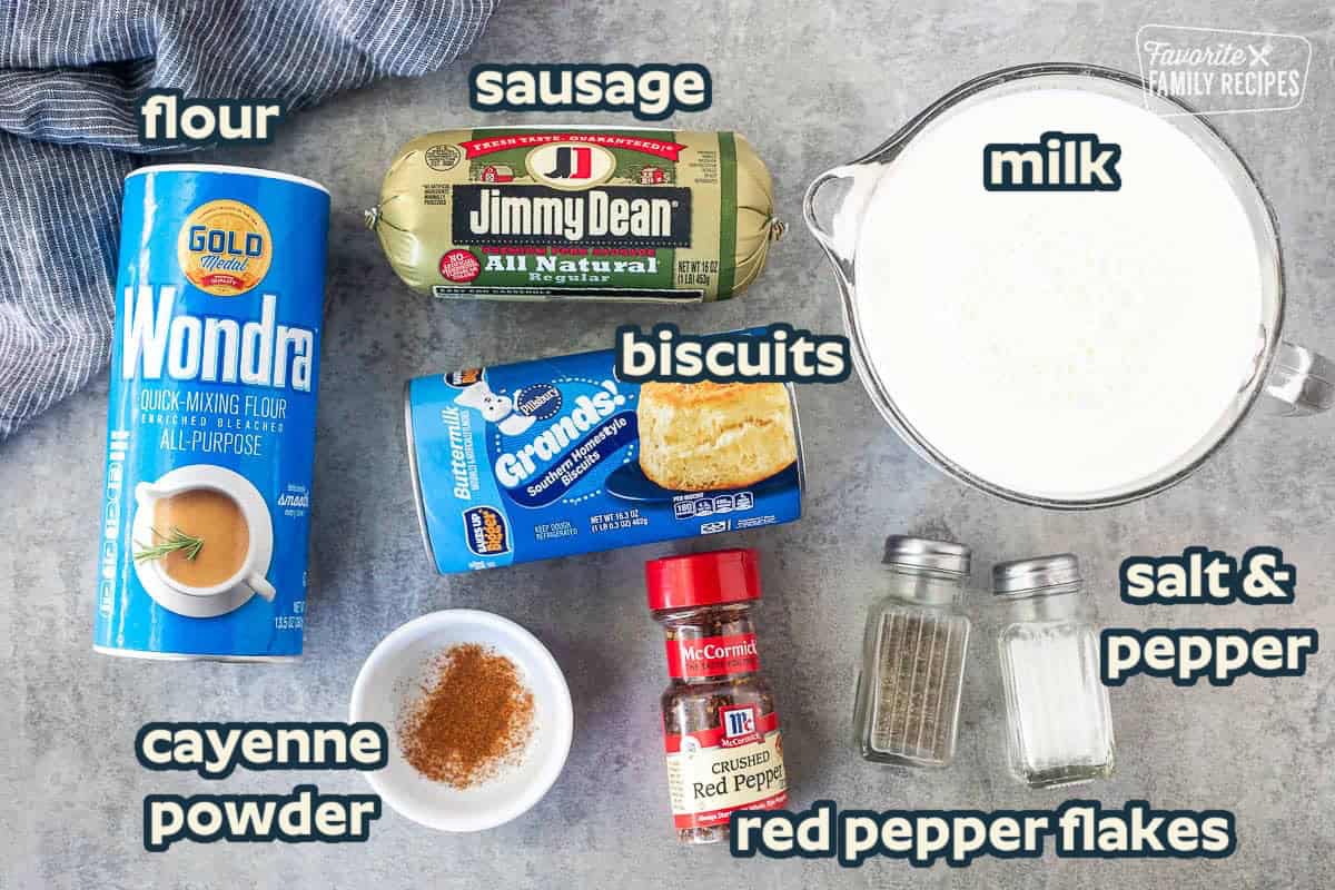 Ingredients for biscuits and gravy: biscuits, sausage, milk, wonder flour, and seasonings.