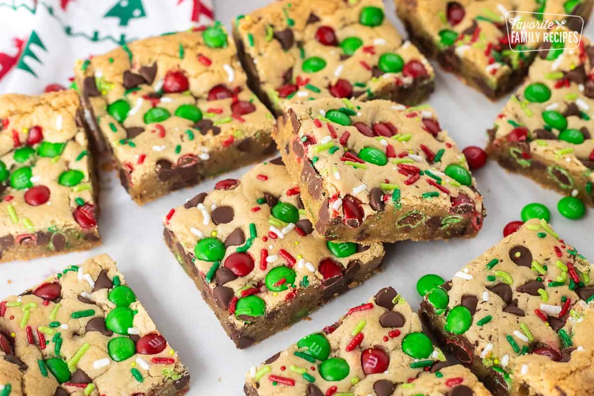 Christmas Cookie Bars cut and resting on top of each other.