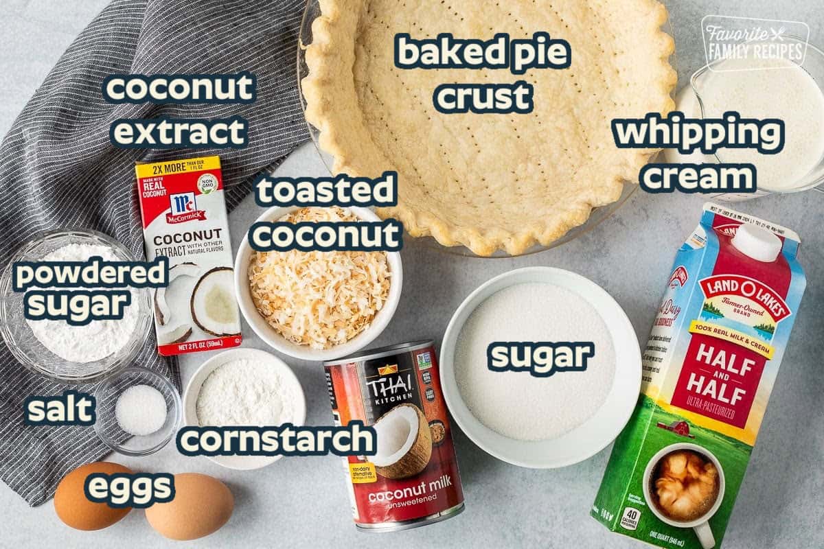 Ingredients needed to make coconut cream pie: baked pie crust, toasted coconut, half and half, coconut extract, sugar, eggs, coconut milk, cornstarch