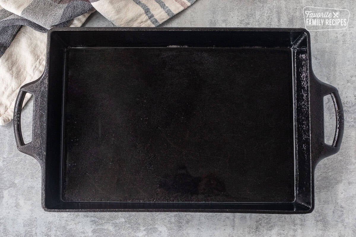 Baking dish with non stick cooking spray.