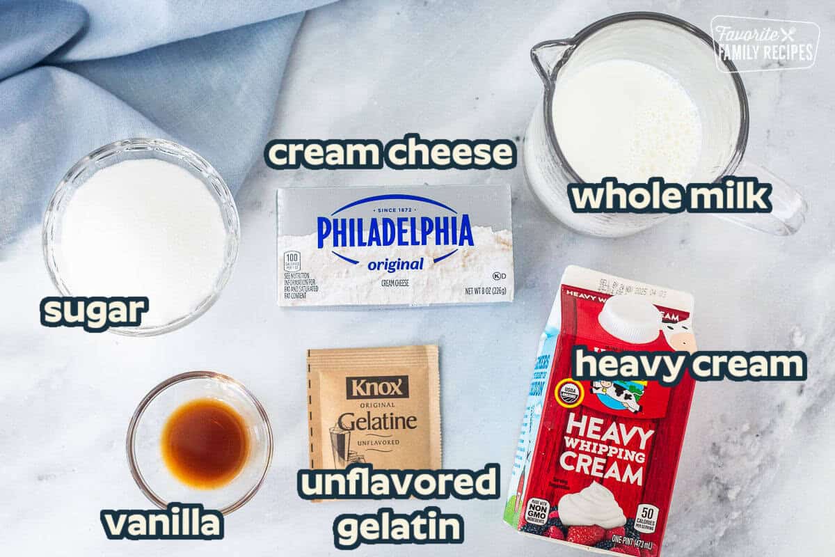 Ingredients to make Panna Cotta including whole milk, heavy whipping cream, cream cheese, gelatin, vanilla and sugar.