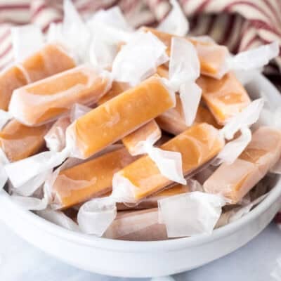 Bowl of wrapped Mom's Homemade caramels.