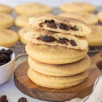 Stacked Raisin Filled cookies and cut in half.