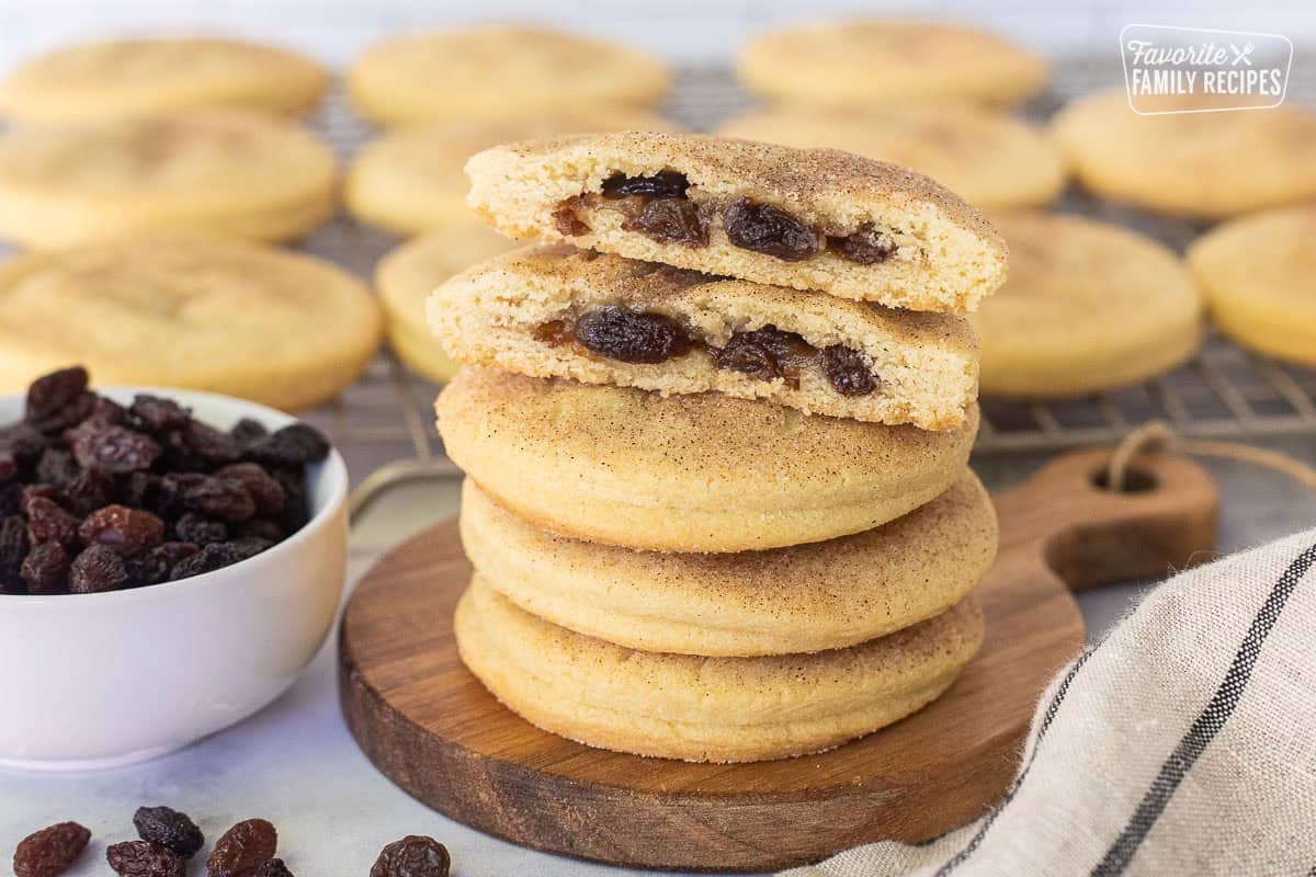 Stacked Raisin Filled cookies and cut in half.